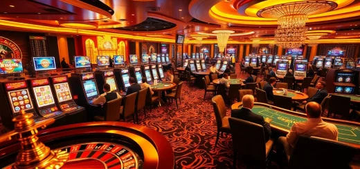 Engaging scene of players at meilleurs casino en ligne with roulette wheel, slot machines, and poker tables.