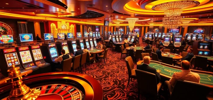 Engaging scene of players at meilleurs casino en ligne with roulette wheel, slot machines, and poker tables.