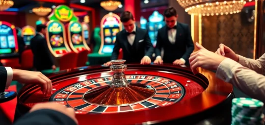 Players enjoying an exciting game at the meilleurs casino en ligne, surrounded by vibrant roulette and poker elements.