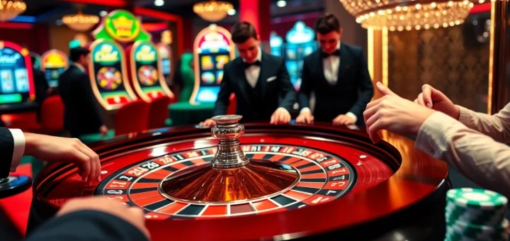 Players enjoying an exciting game at the meilleurs casino en ligne, surrounded by vibrant roulette and poker elements.